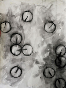 particles drawn in charcoal on paper